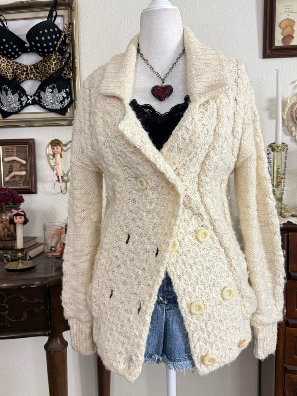 Y2k cozy fairy couchette cream knit cardigan w soft sherpa interior - Picture 2 of 8